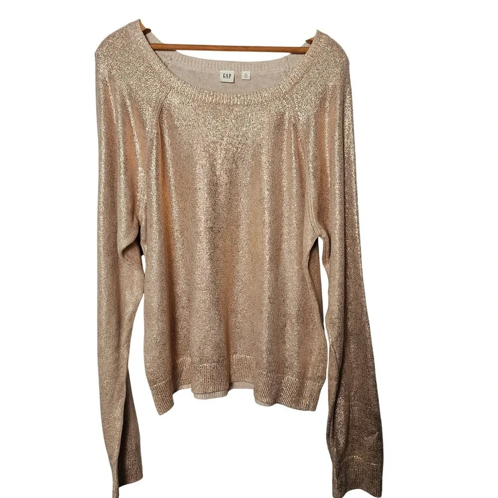 Gap Shine Pullover Womens L Tall Rose Gold Metallic Shimmer Glam Holiday Sweater